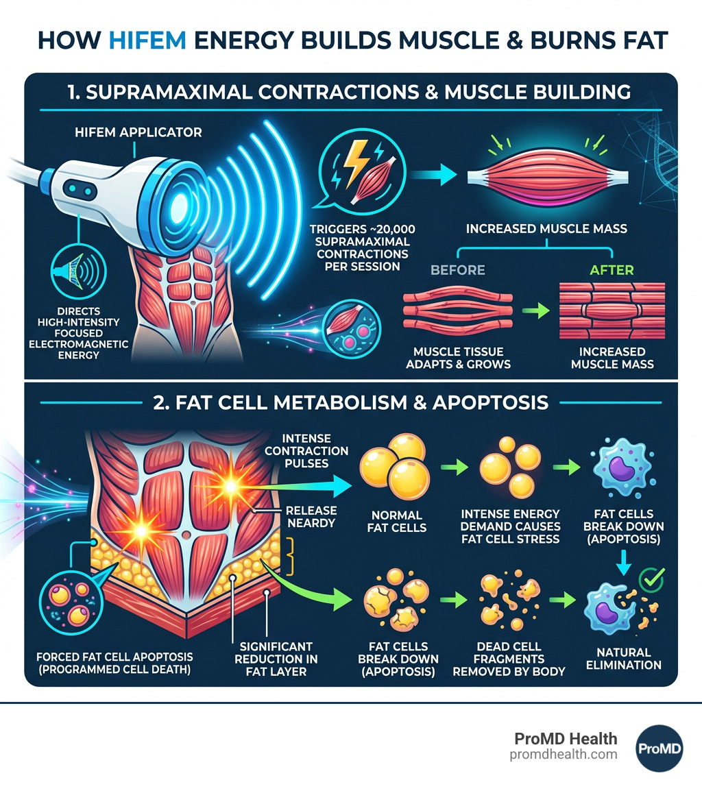 Infographic explaining HIFEM electromagnetic muscle stimulation and fat cell apoptosis mechanism - emsculpt infographic Infographic explaining HIFEM electromagnetic muscle stimulation and fat cell apoptosis mechanism - emsculpt infographic