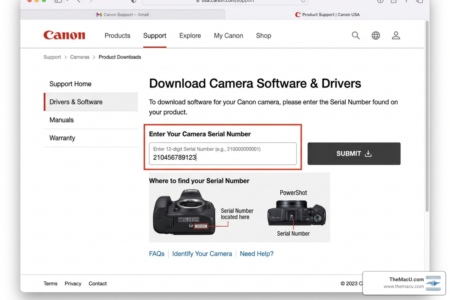 Canon support page showing the serial number entry field for software downloads - canon digital camera solution disk mac
