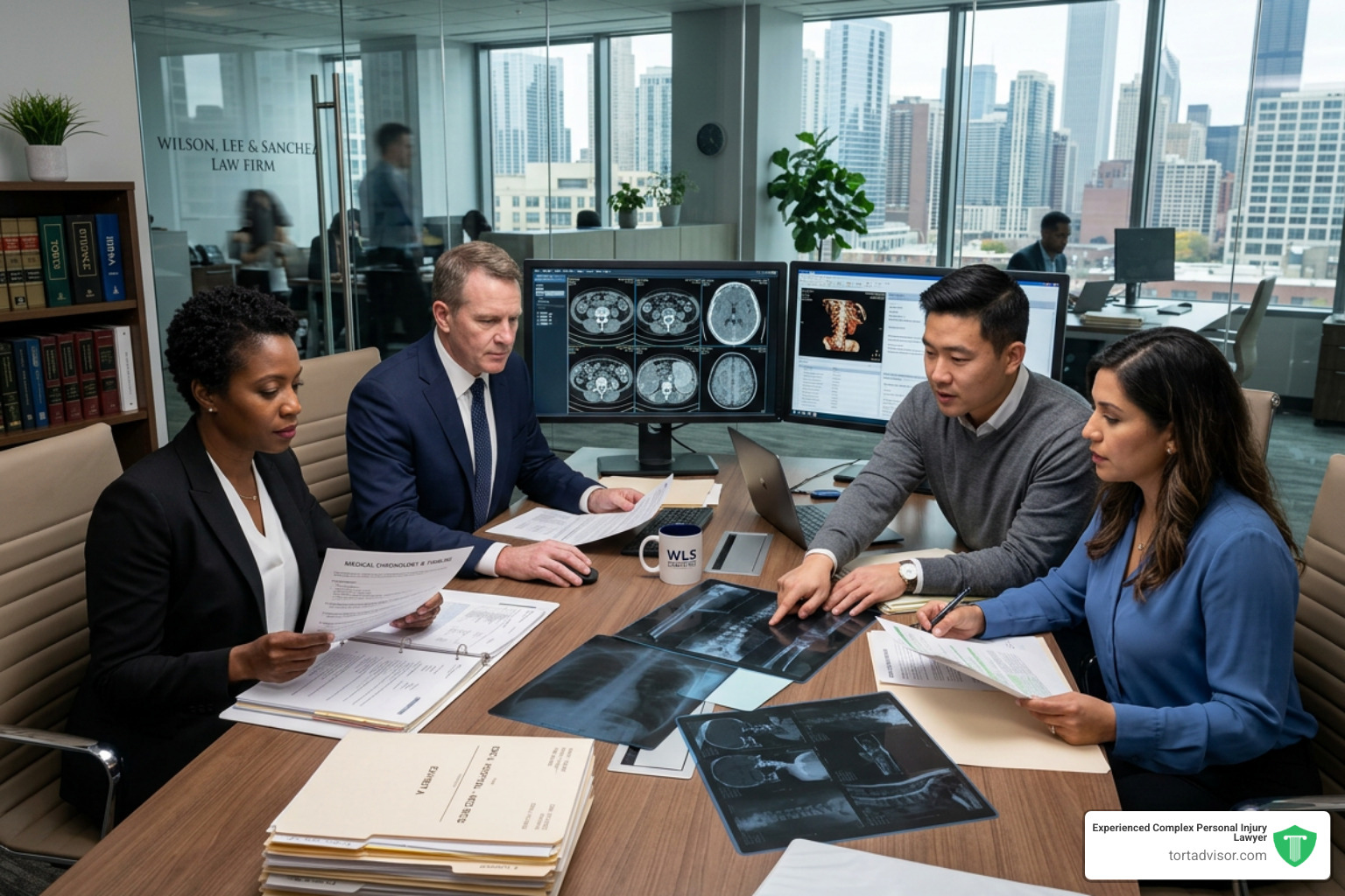 Legal team reviewing complex medical records and diagnostic images - average payout for cancer misdiagnosis Legal team reviewing complex medical records and diagnostic images - average payout for cancer misdiagnosis