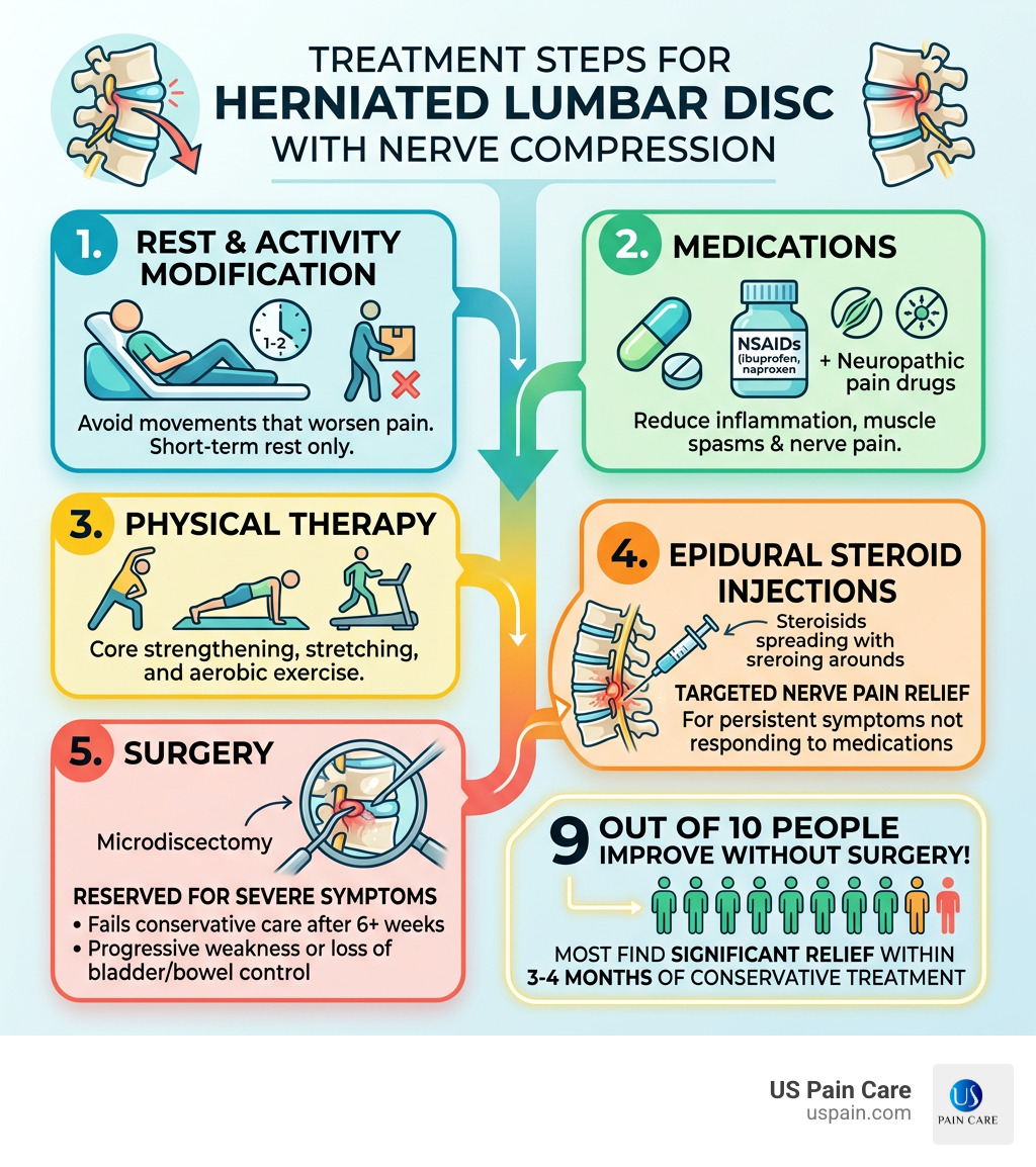 Infographic showing treatment steps for herniated lumbar disc with nerve compression, from conservative to surgical Infographic showing treatment steps for herniated lumbar disc with nerve compression, from conservative to surgical