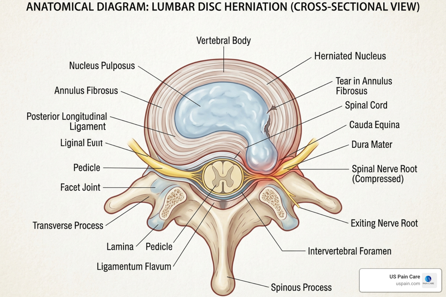 Diagram of a lumbar spine showing a herniated disc pressing against a nerve root - treatment for herniated lumbar disc with Diagram of a lumbar spine showing a herniated disc pressing against a nerve root - treatment for herniated lumbar disc with