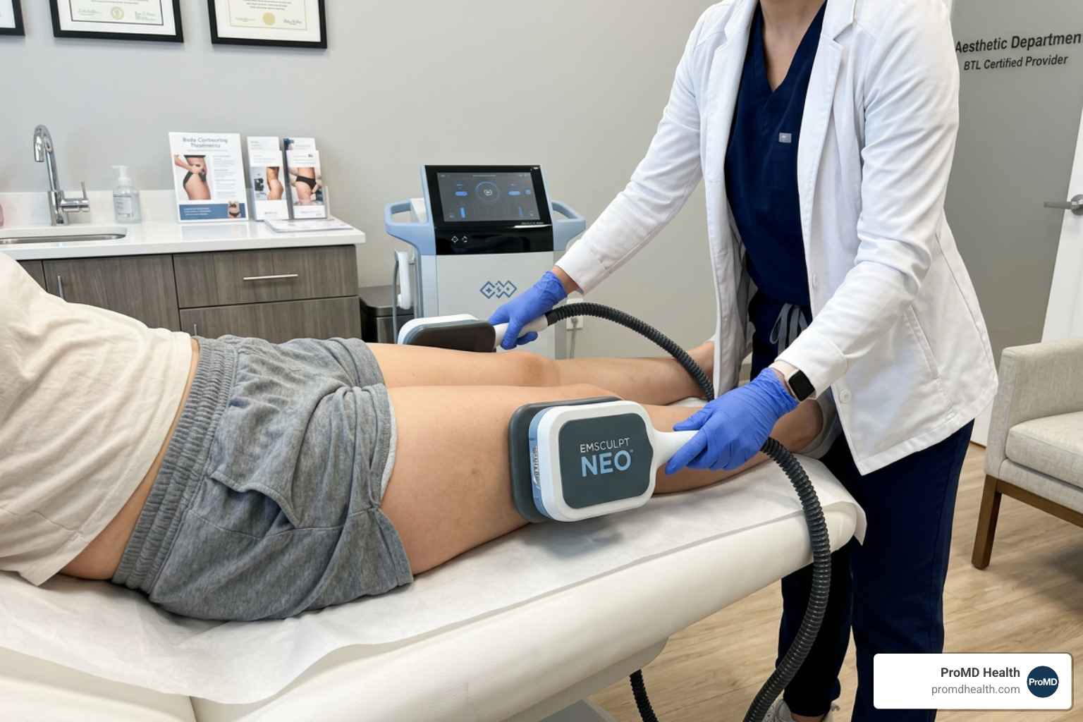 Faceless provider applying Emsculpt Neo applicators to a patient's lateral thighs - emsculpt Faceless provider applying Emsculpt Neo applicators to a patient's lateral thighs - emsculpt