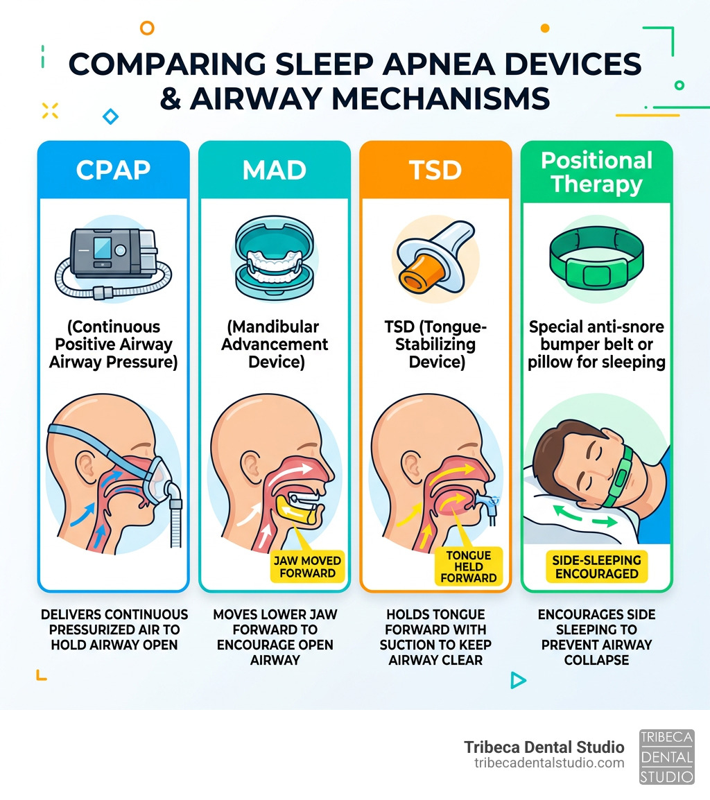 comparison infographic of sleep apnea devices showing airway diagrams for CPAP, MAD, TSD, and positional therapy - sleep comparison infographic of sleep apnea devices showing airway diagrams for CPAP, MAD, TSD, and positional therapy - sleep