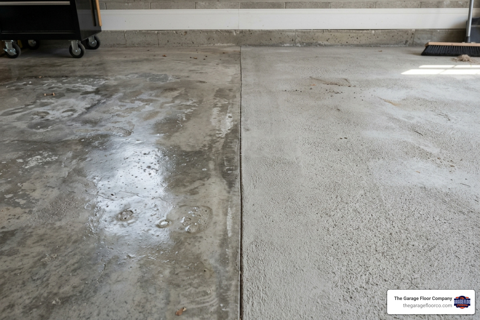 Comparison between diamond ground concrete and acid etched concrete - diamond grinding garage floor Comparison between diamond ground concrete and acid etched concrete - diamond grinding garage floor