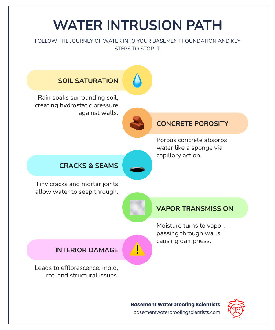 Infographic showing water intrusion path through foundation walls, causes, warning signs, and sealing methods - seal