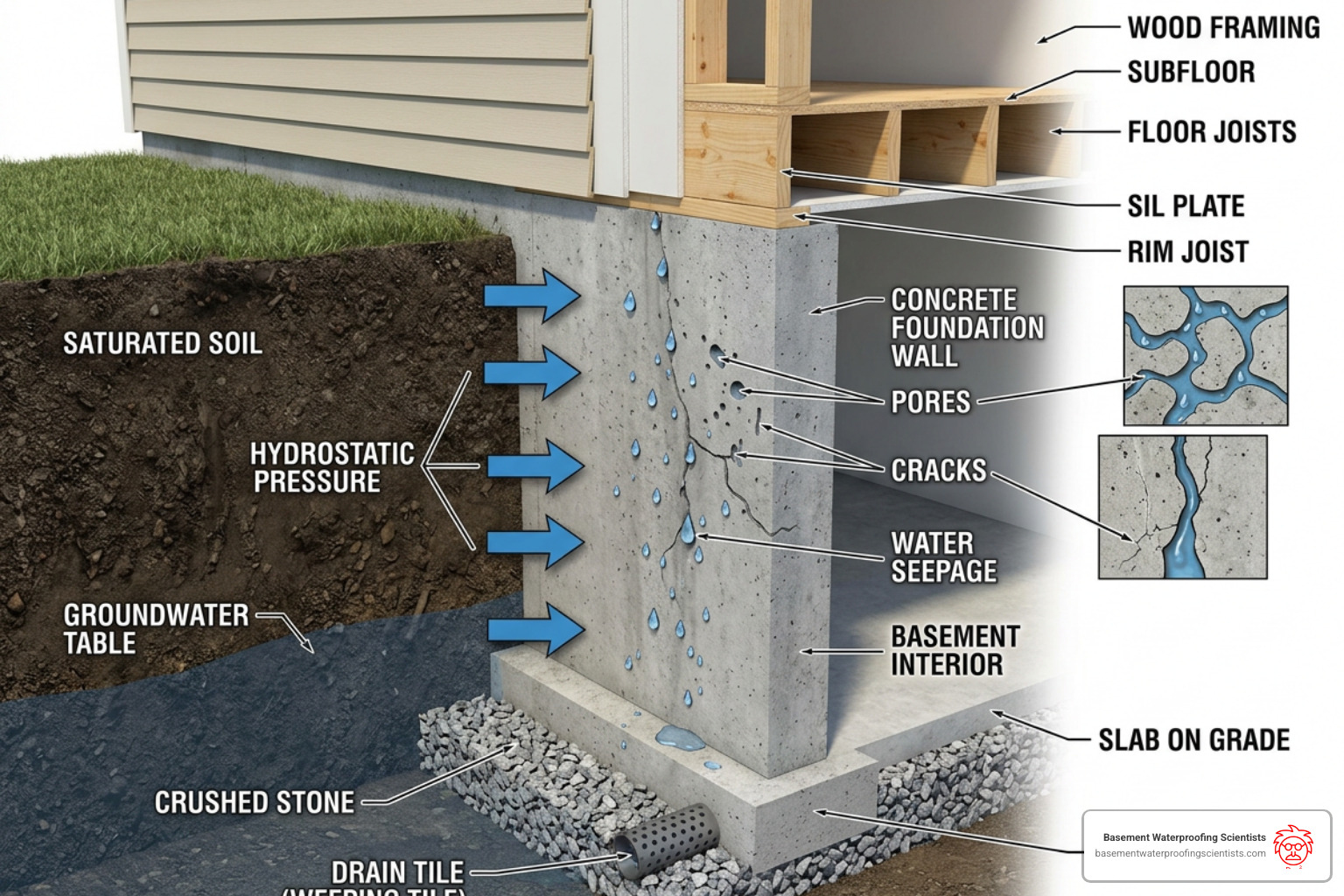 Hydrostatic pressure pushing against a basement wall from the outside soil - seal basement foundation