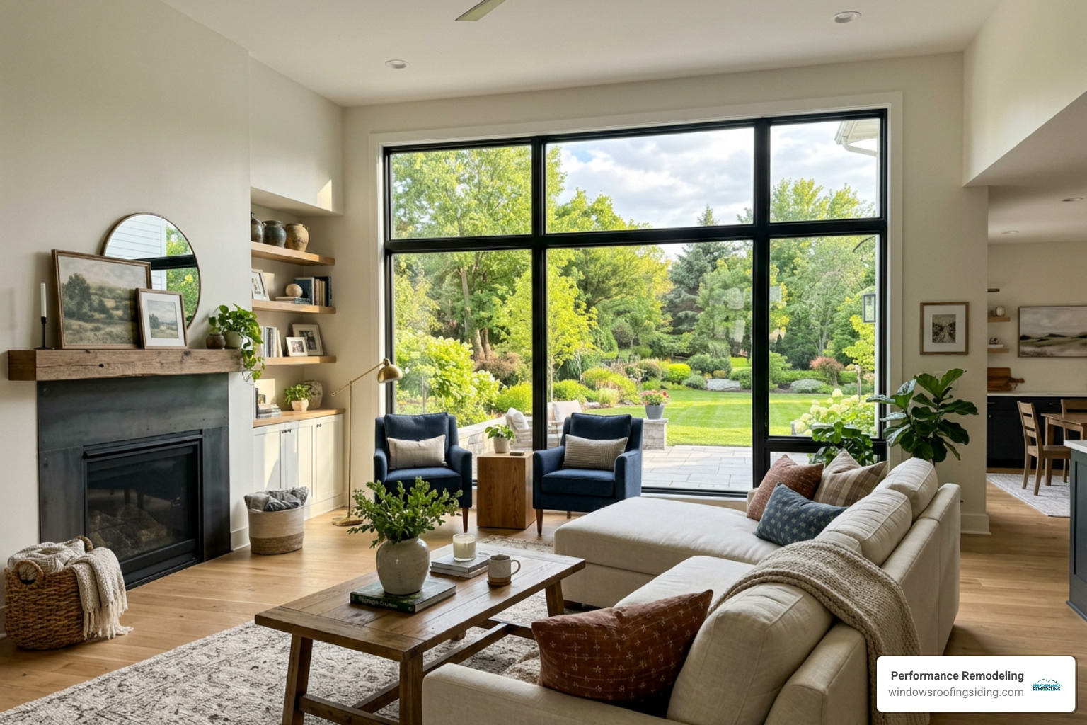 Bright living room with new panoramic windows overlooking a Farmington MI backyard - window installation farmington mi