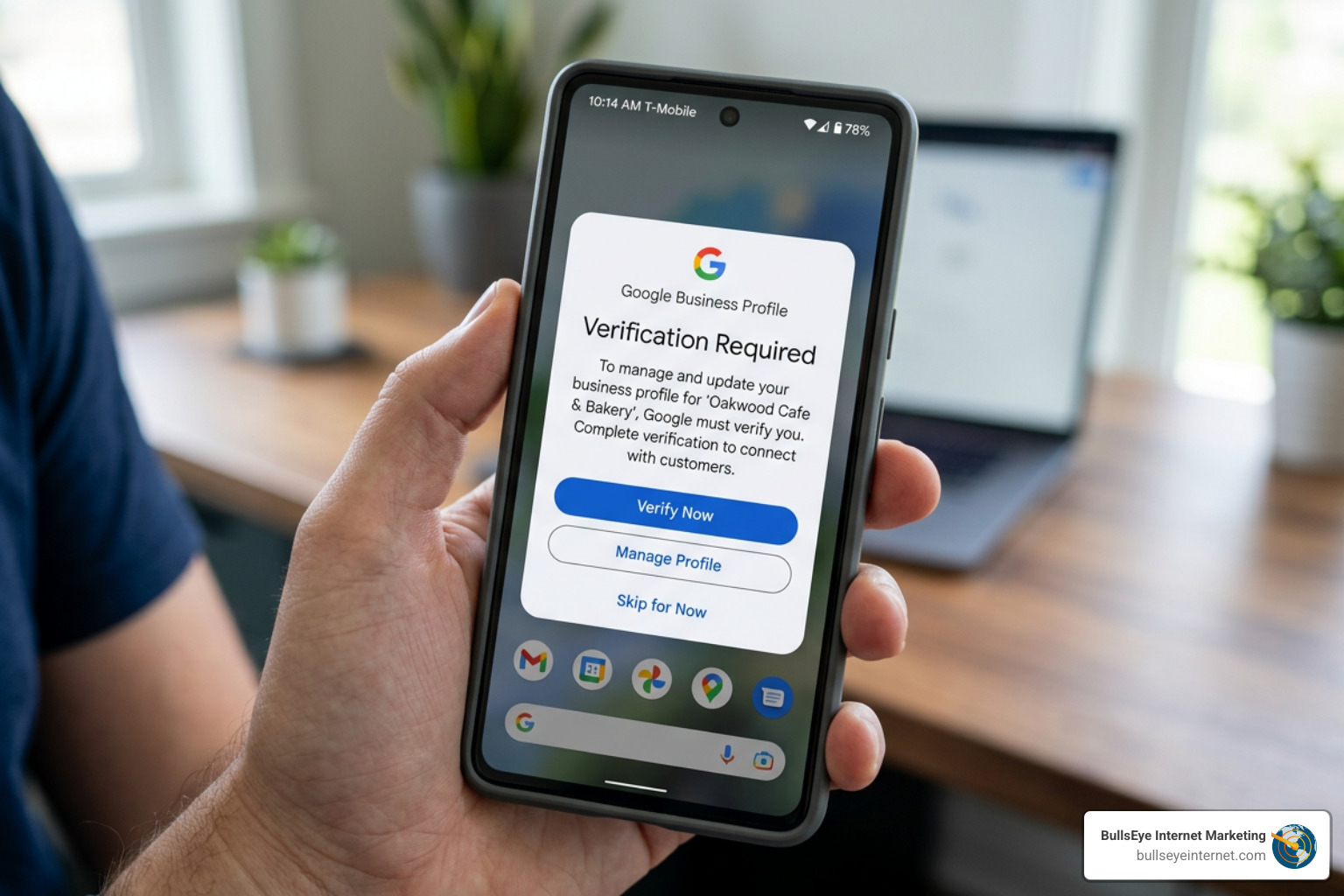 Verification Required notification on a mobile device - Google Business verification help Person holding smartphone displaying Google Business Profile verification prompt for Oakwood Cafe & Bakery, emphasizing verification requirements and options to verify or manage profile.