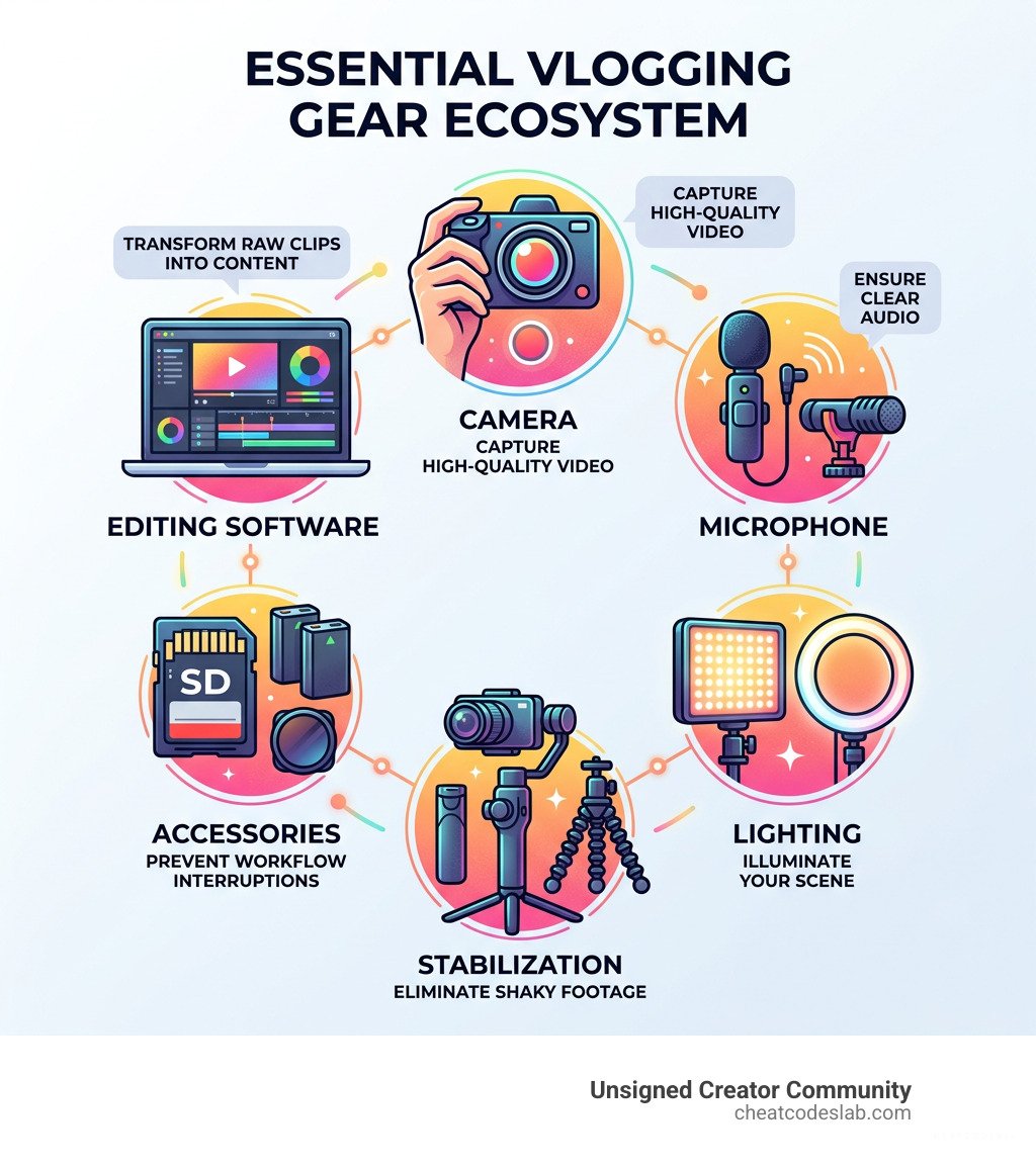 Essential vlogging gear ecosystem: camera, mic, lighting, stabilization, accessories, and editing software - best gear for