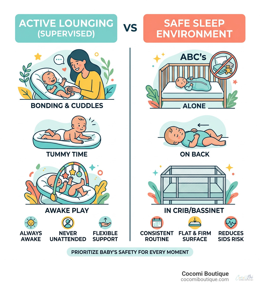 Infographic showing active lounging vs safe sleep environments for infants - baby lounger infographic 