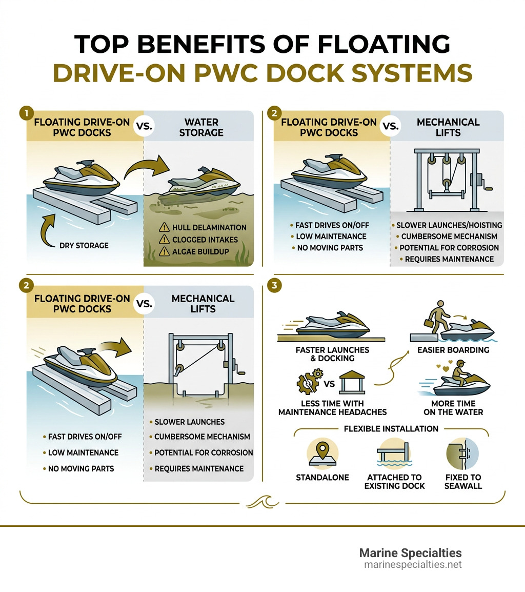 Primary benefits of floating drive-on PWC dock systems compared to water storage and mechanical lifts - pwc dock infographic 