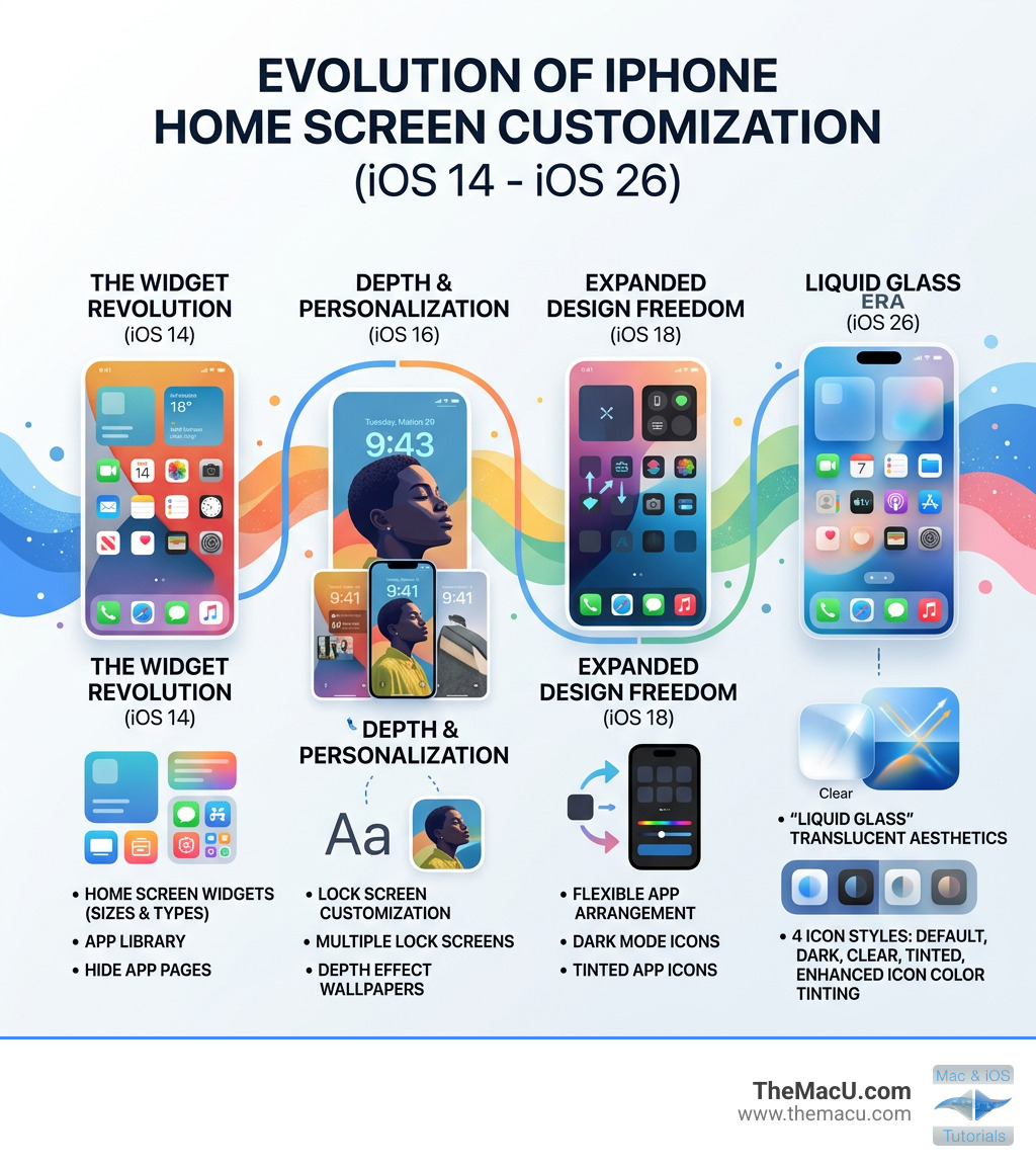 Evolution of iPhone home screen customization from iOS 14 to iOS 26 with key features per version - change iphone home Evolution of iPhone home screen customization from iOS 14 to iOS 26 with key features per version - change iphone home