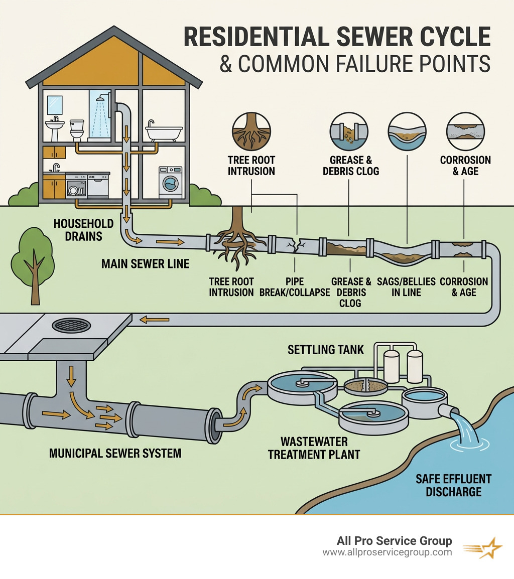 Infographic showing residential sewer cycle: household drains to main line to municipal system, with common failure points Infographic showing residential sewer cycle: household drains to main line to municipal system, with common failure points