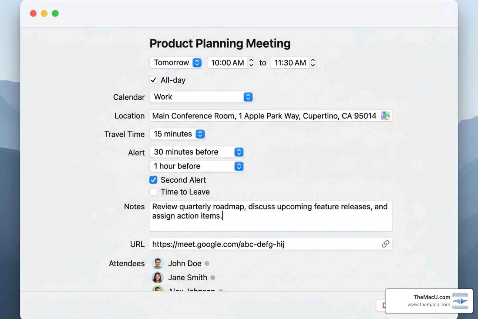 The Mac Calendar Event Inspector window showing options for location, alerts, and notes - how to add events to mac calendar The Mac Calendar Event Inspector window showing options for location, alerts, and notes - how to add events to mac calendar
