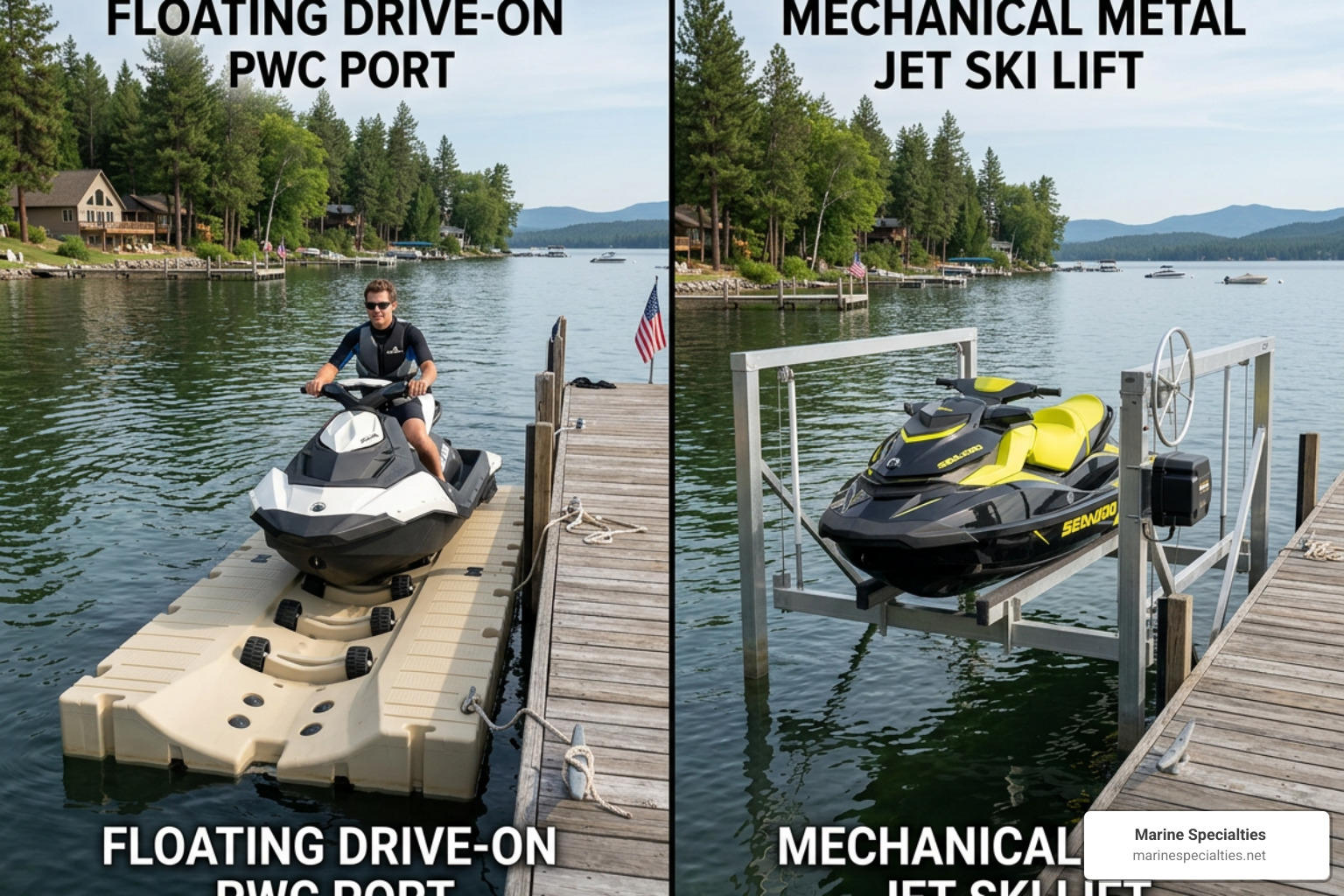 A side-by-side comparison of a floating drive-on PWC port and a traditional mechanical metal lift - pwc dock