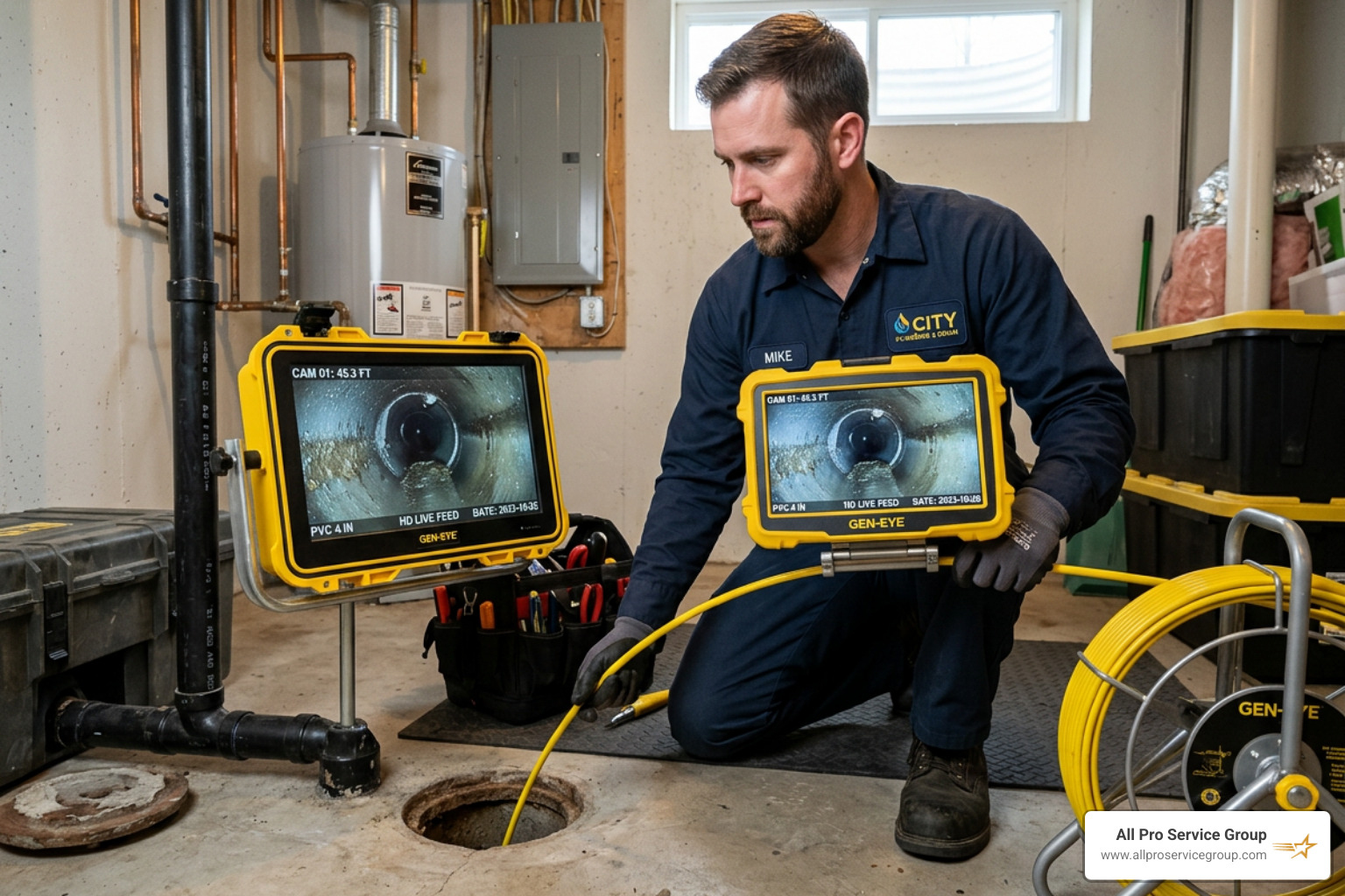 Professional plumber using a high-definition monitor to view a sewer camera feed inside a residential main line - sewer Professional plumber using a high-definition monitor to view a sewer camera feed inside a residential main line - sewer