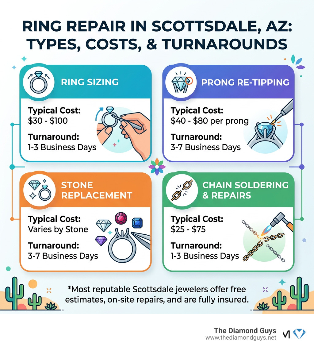 Infographic showing ring repair types costs and turnaround times in Scottsdale AZ - Ring repair Scottsdale AZ infographic Infographic showing ring repair types costs and turnaround times in Scottsdale AZ - Ring repair Scottsdale AZ infographic