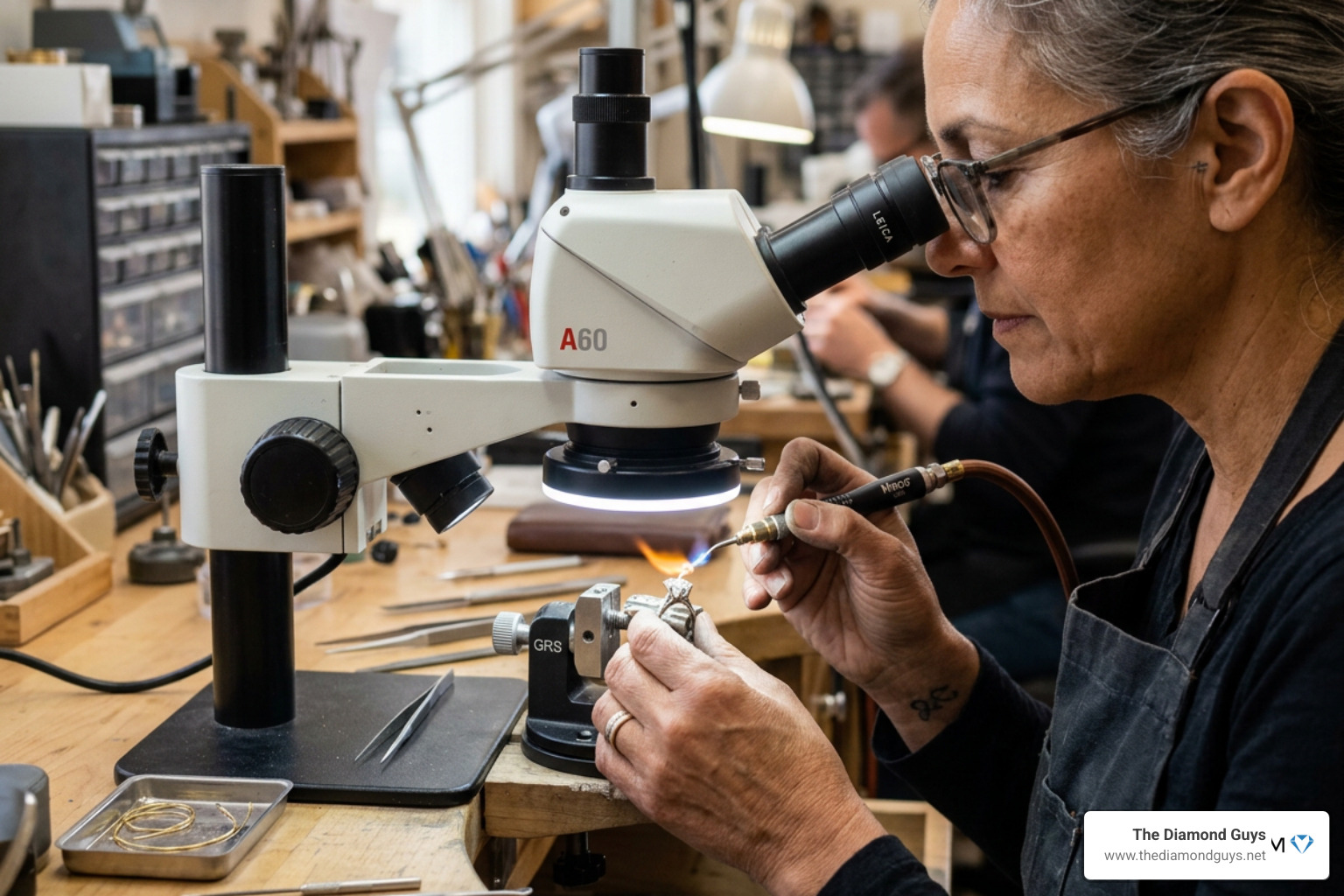 Master jeweler performing prong re-tipping under a microscope - Ring repair Scottsdale AZ Master jeweler performing prong re-tipping under a microscope - Ring repair Scottsdale AZ