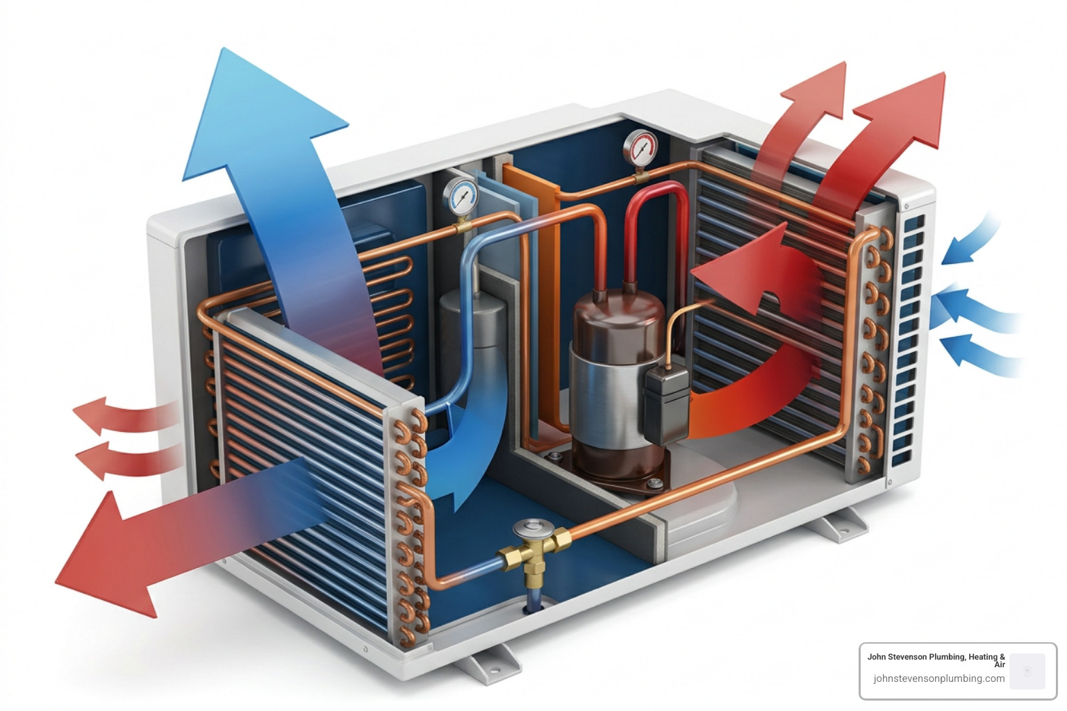 Infographic explaining the heat transfer process where refrigerant absorbs and releases heat to provide dual-functionality