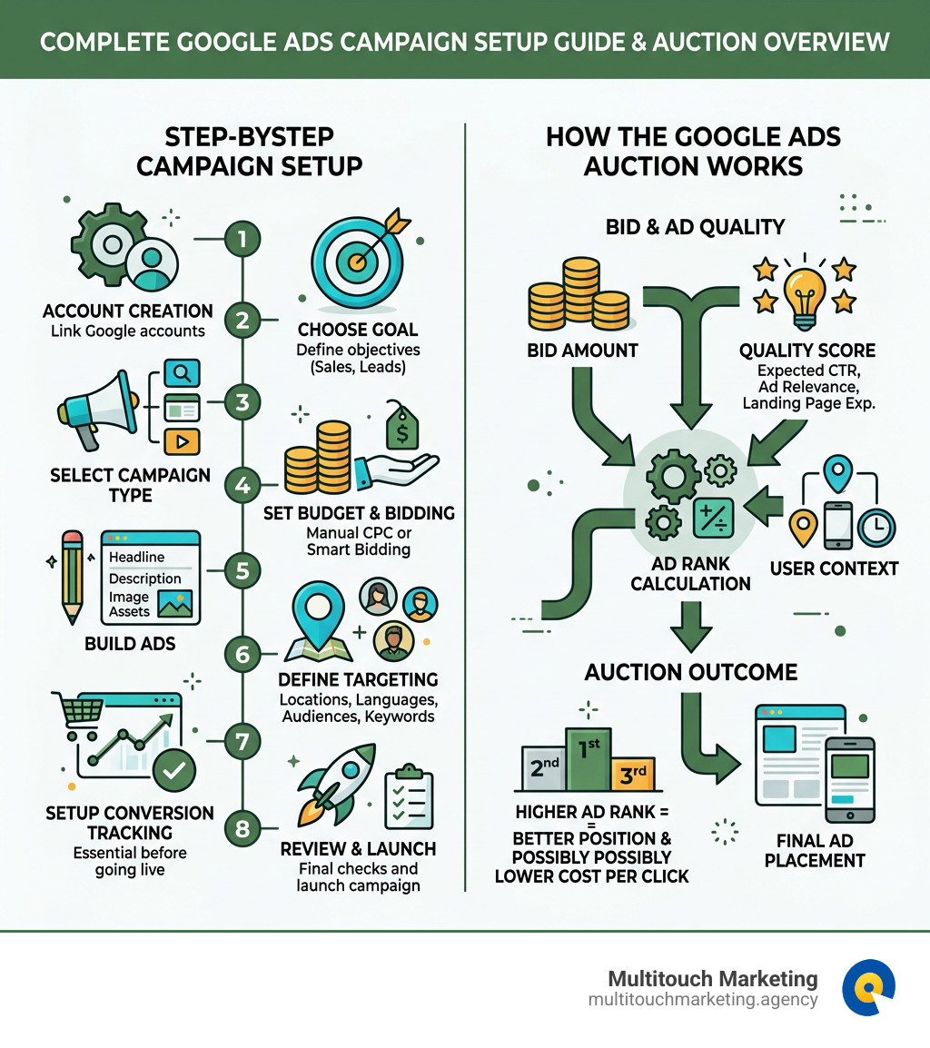Step-by-step Google Ads campaign setup process and auction overview infographic - google ad campaign setup infographic Step-by-step Google Ads campaign setup process and auction overview infographic - google ad campaign setup infographic