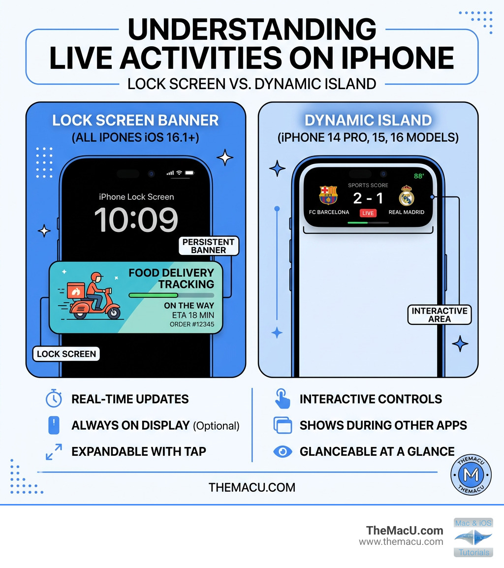 Infographic showing Live Activities on Lock Screen banner vs Dynamic Island on iPhone - what is live activities in iphone Infographic showing Live Activities on Lock Screen banner vs Dynamic Island on iPhone - what is live activities in iphone