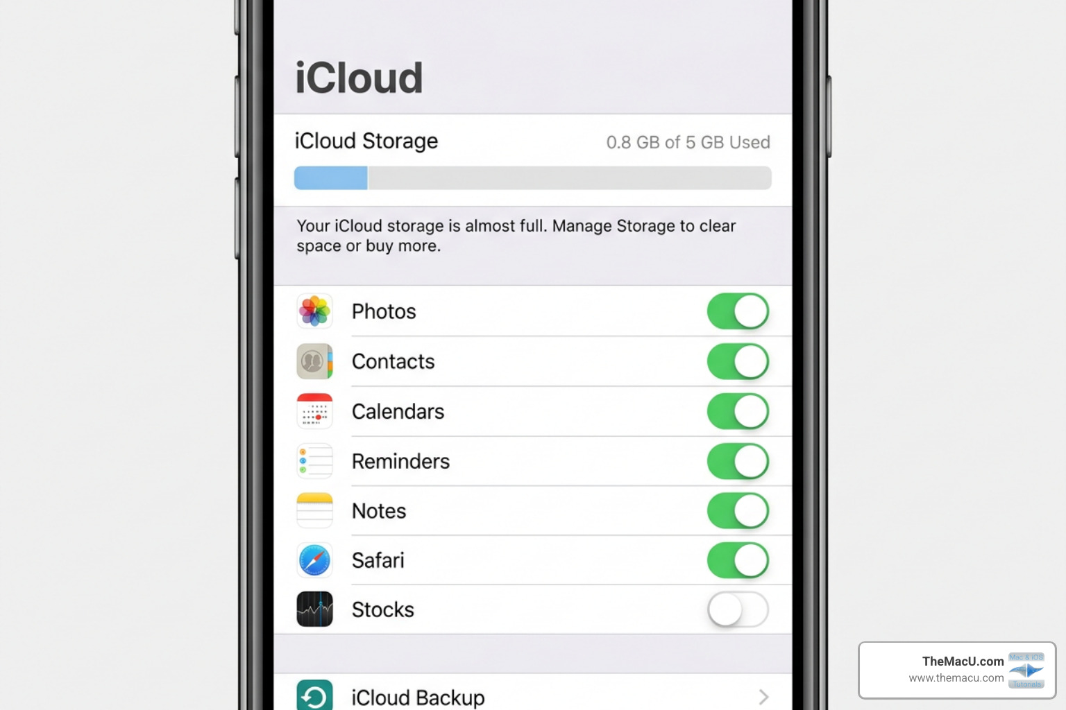 A screenshot of the iCloud storage settings showing used space and the Contacts toggle - iphone contacts icloud backup