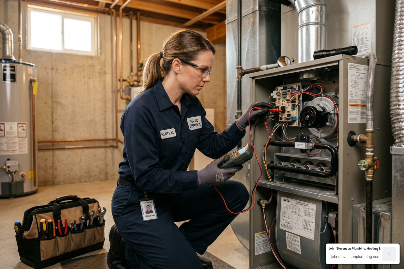 Technician performing a 16-point inspection on a residential furnace - best furnace maintenance in carlsbad, ca Technician performing a 16-point inspection on a residential furnace - best furnace maintenance in carlsbad, ca