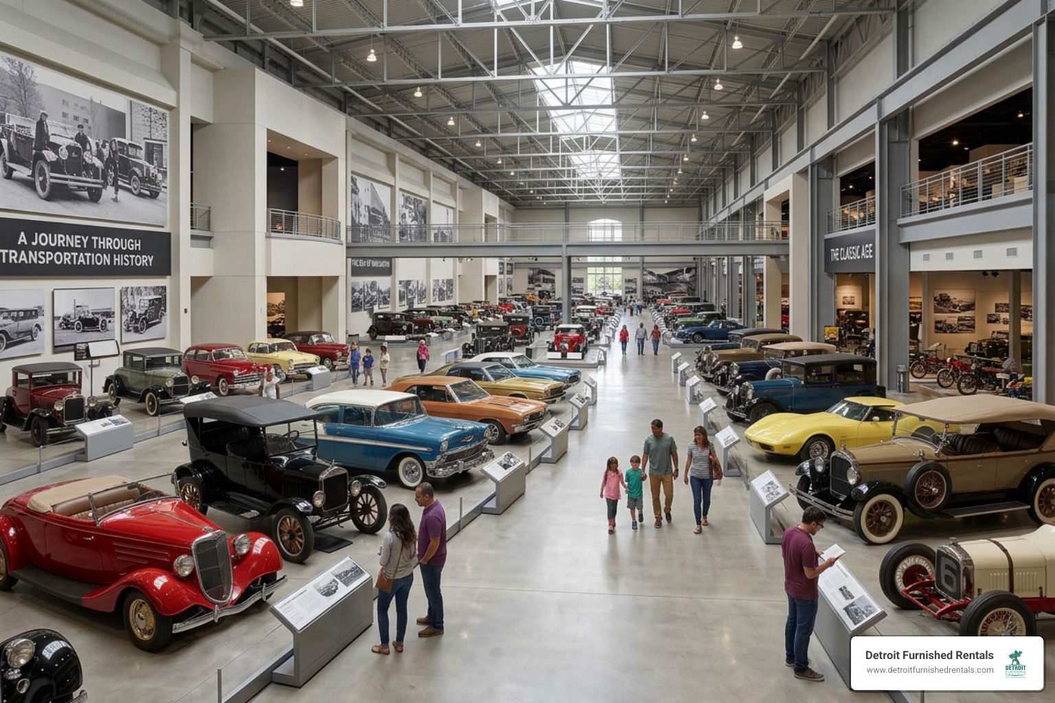 A wide shot of the Driving America exhibit at The Henry Ford Museum - detroit area car museums