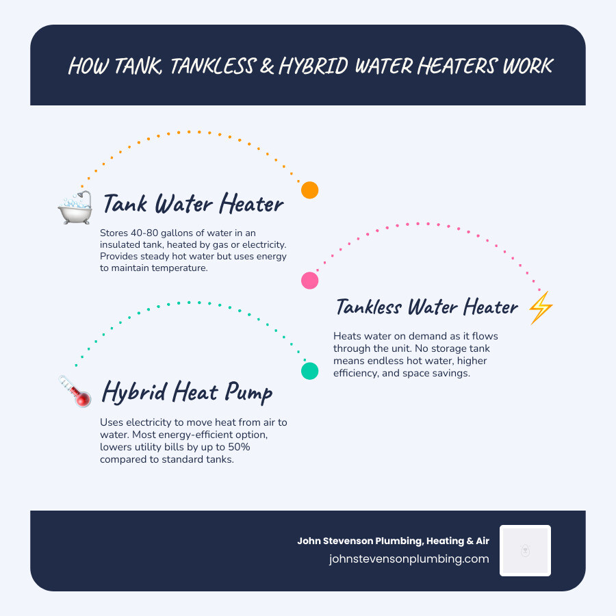 Infographic showing how tank, tankless, and hybrid water heaters work and key facts for Oceanside homeowners - water heater Infographic showing how tank, tankless, and hybrid water heaters work and key facts for Oceanside homeowners - water heater
