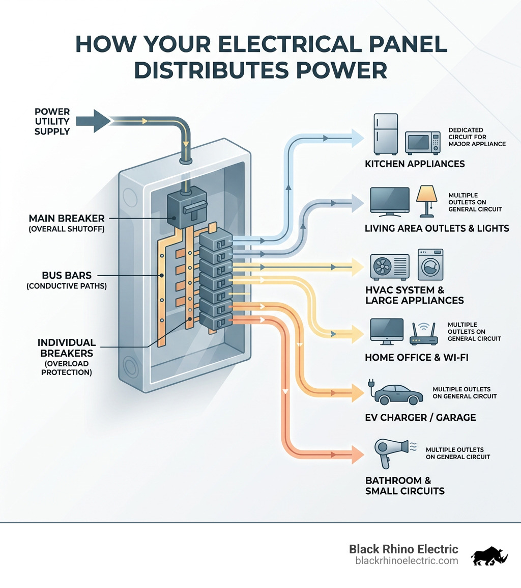 Infographic explaining how a main service panel distributes power to household circuits - electrical panel upgrade Davis Infographic explaining how a main service panel distributes power to household circuits - electrical panel upgrade Davis