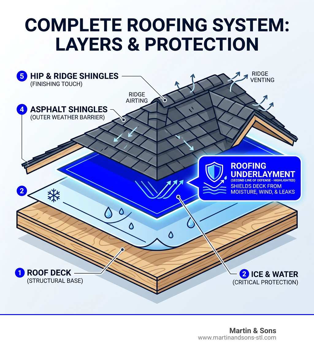 Infographic showing the layers of a complete roofing system from deck to shingles with underlayment highlighted - roofing Infographic showing the layers of a complete roofing system from deck to shingles with underlayment highlighted - roofing