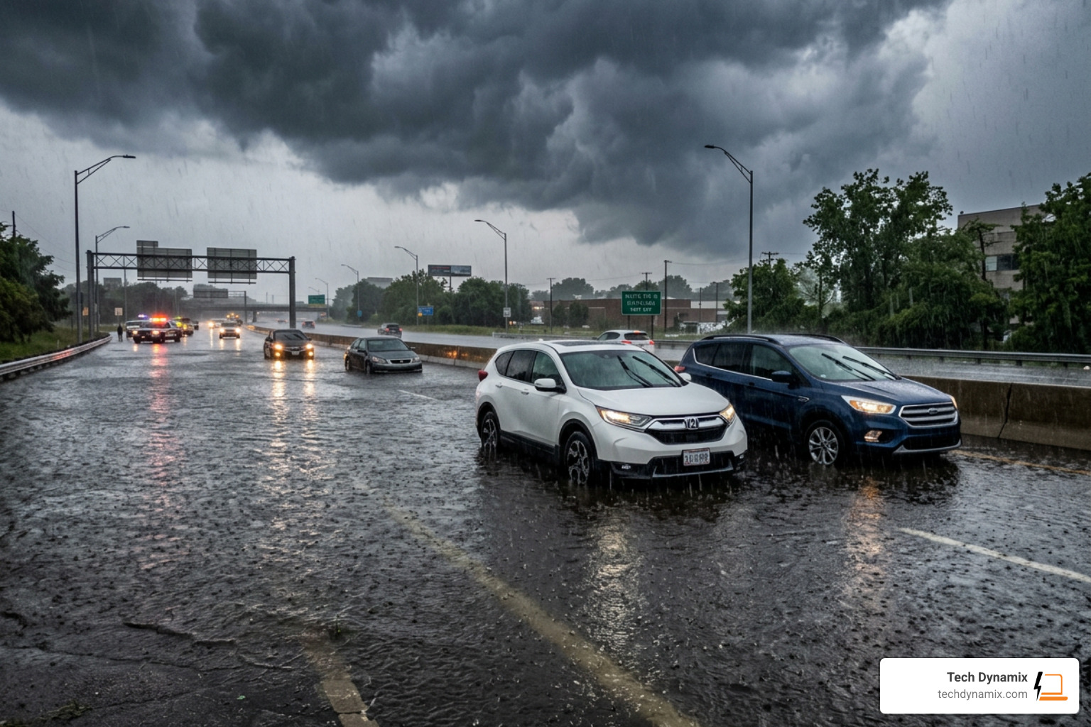 Flooded Ohio roadway during a severe summer storm - Disaster recovery Ohio