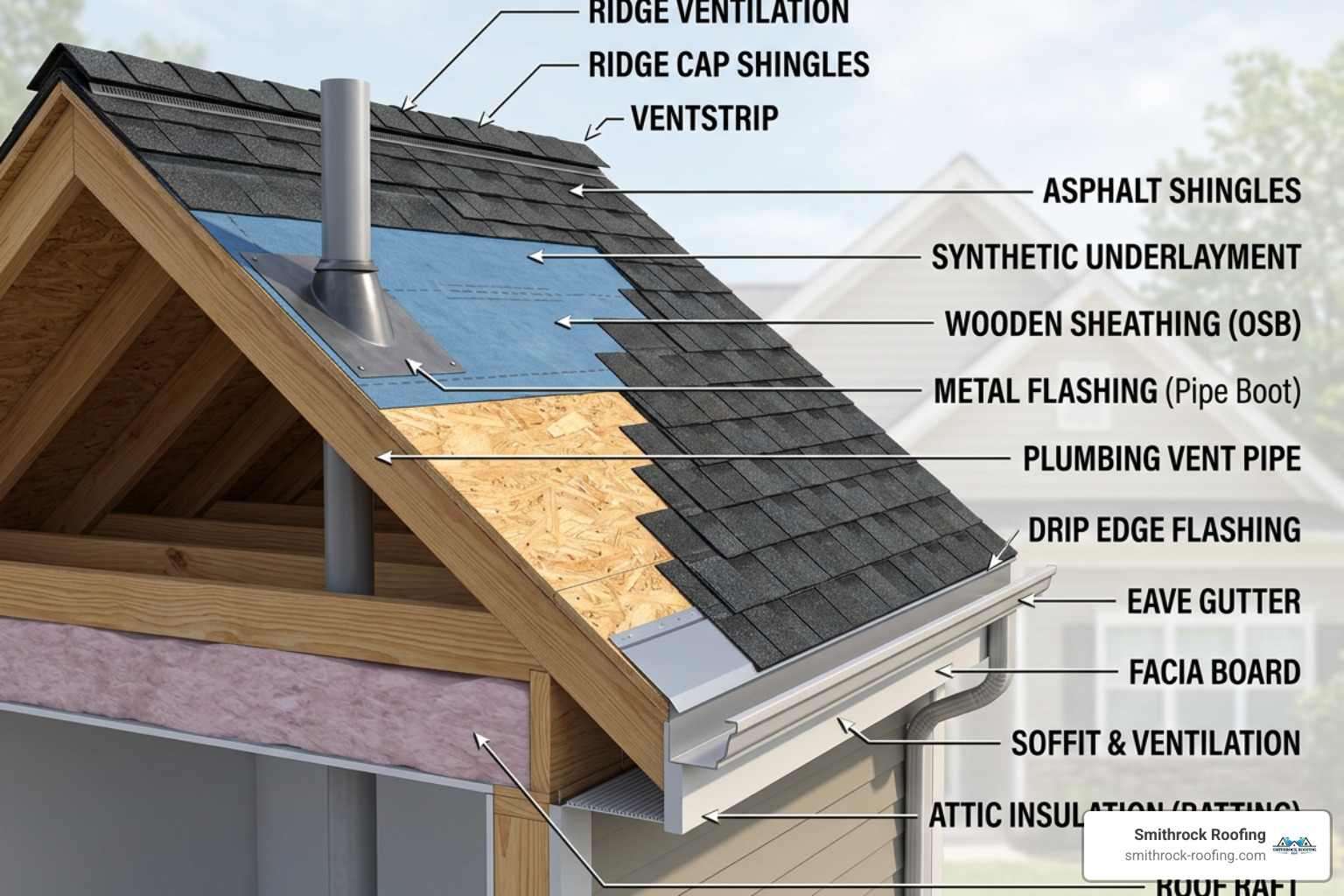 Detailed roof cross-section showing underlayment, flashing, and shingles - high quality roof