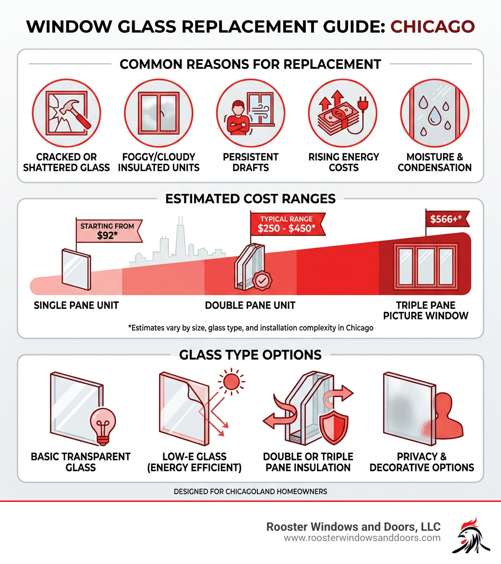 Infographic showing common reasons for glass replacement, cost ranges, and glass type options in Chicago - window glass