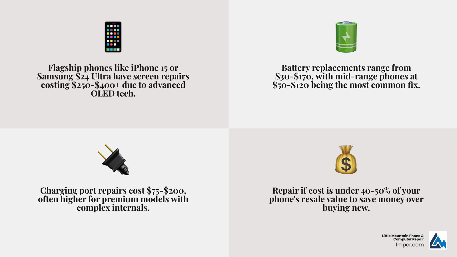 Infographic showing phone repair cost ranges by repair type and phone category - phone repair cost infographic