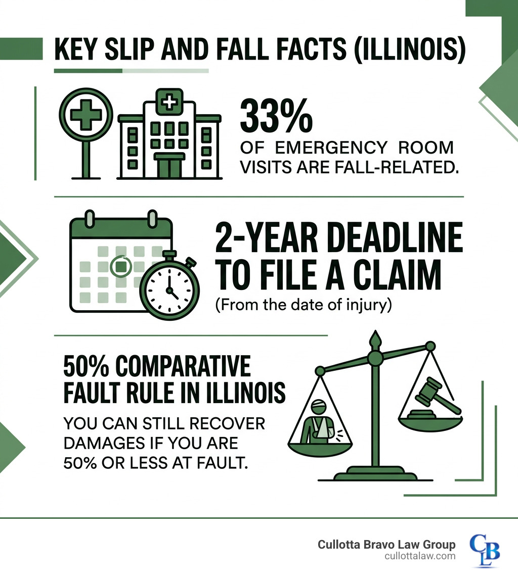 Slip and fall statistics: 33% of ER visits are fall-related, 2-year filing deadline, 50% comparative fault rule in Illinois