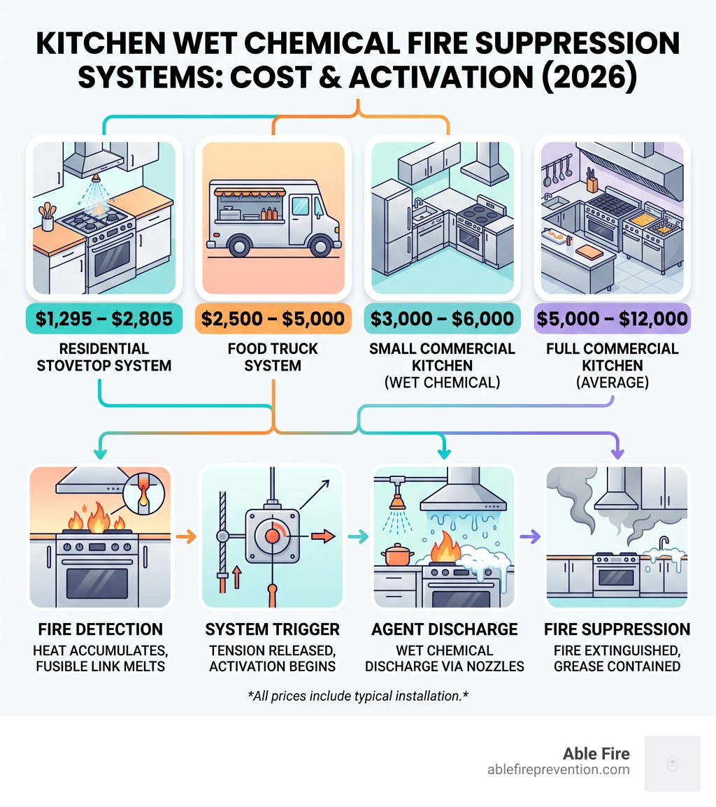 Infographic showing wet chemical suppression system price ranges by kitchen type and how the system activates - kitchen fire
