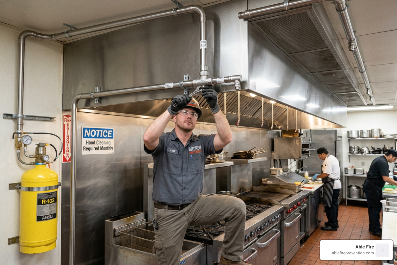 Technician installing stainless steel suppression piping under a commercial hood - kitchen fire suppression system price