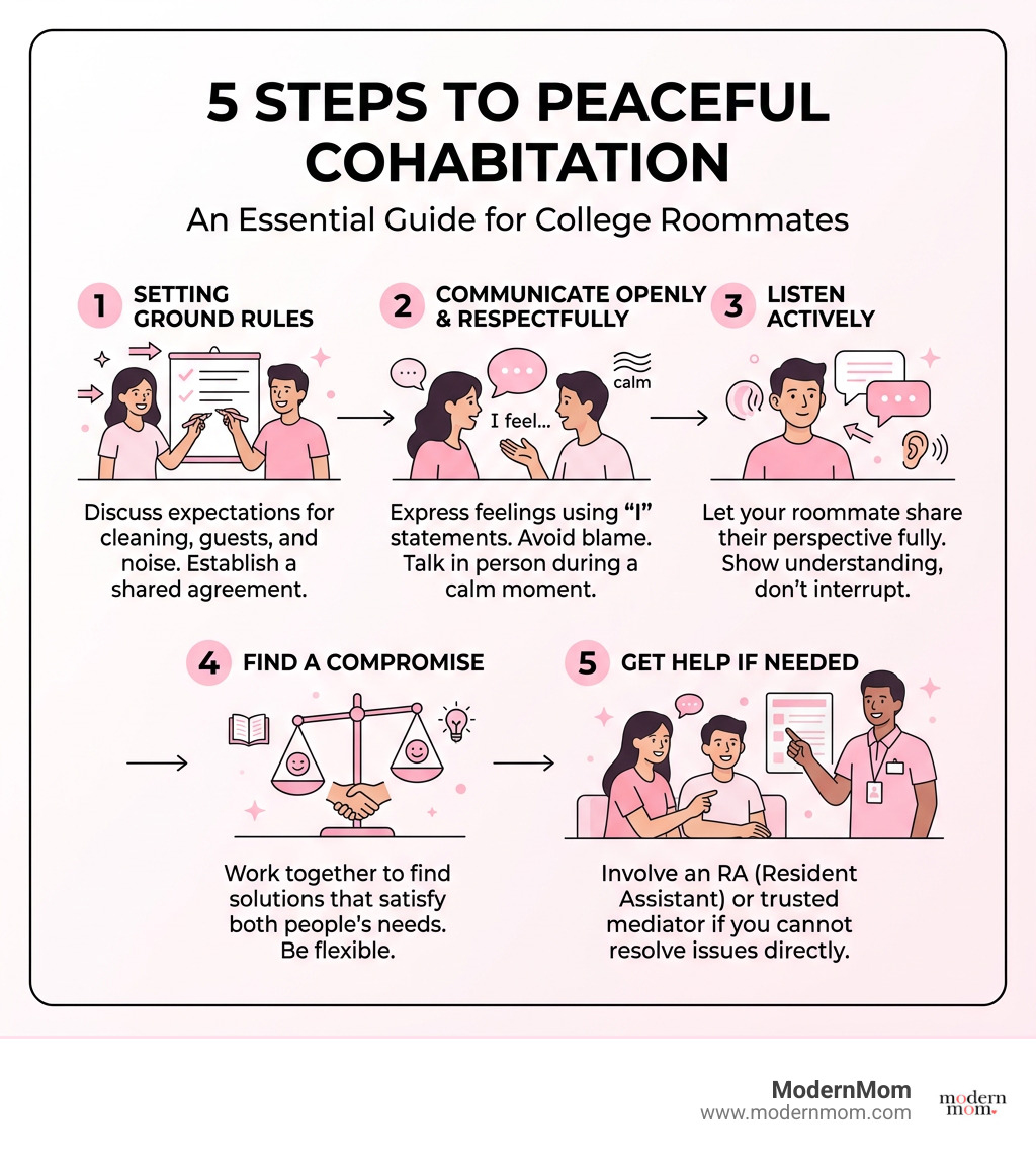 5 steps to peaceful cohabitation infographic for college roommates - Roommate conflict resolution infographic 5 steps to peaceful cohabitation infographic for college roommates - Roommate conflict resolution infographic