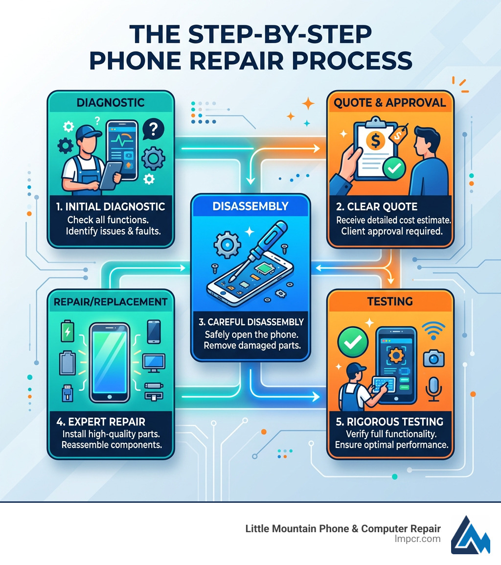 Infographic explaining the step-by-step phone repair process from diagnostic to testing - phone repair cost infographic 