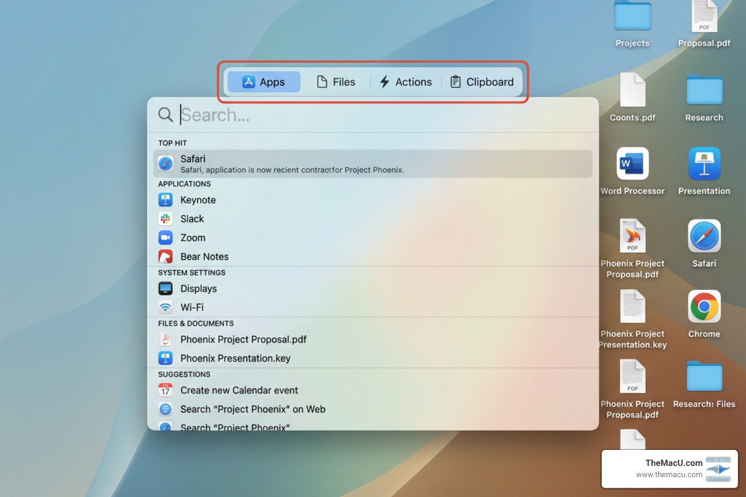 Visual of Spotlight modes showing the selector bar for Apps, Files, Actions, and Clipboard - macos spotlight search guide Visual of Spotlight modes showing the selector bar for Apps, Files, Actions, and Clipboard - macos spotlight search guide