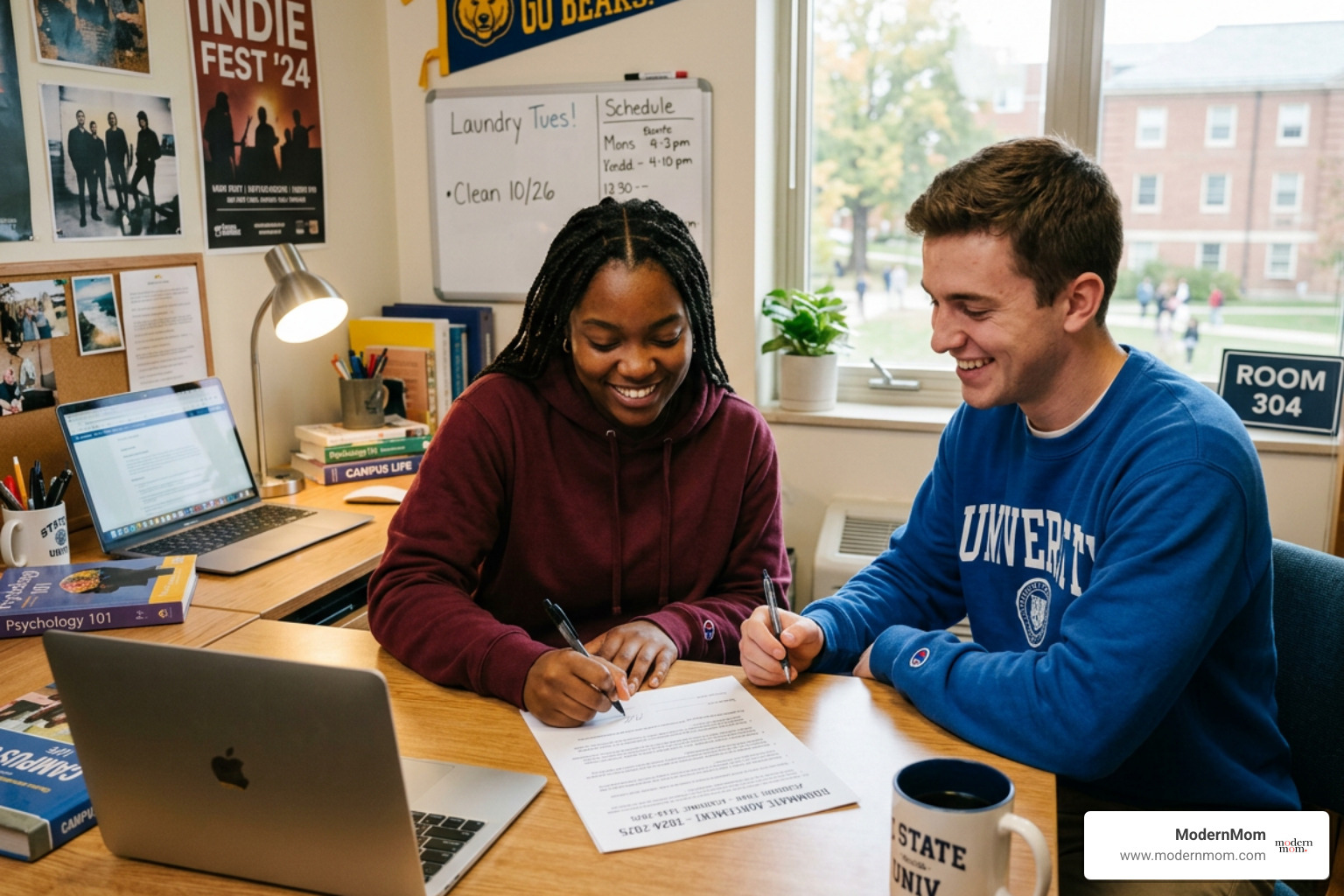 Roommates signing a roommate agreement document - Roommate conflict resolution Roommates signing a roommate agreement document - Roommate conflict resolution