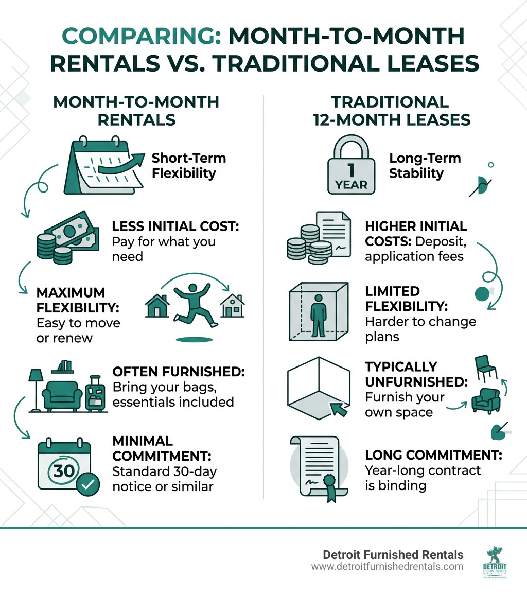 Infographic comparing month-to-month rentals vs traditional 12-month leases: cost, flexibility, furnishings, and commitment Infographic comparing month-to-month rentals vs traditional 12-month leases: cost, flexibility, furnishings, and commitment