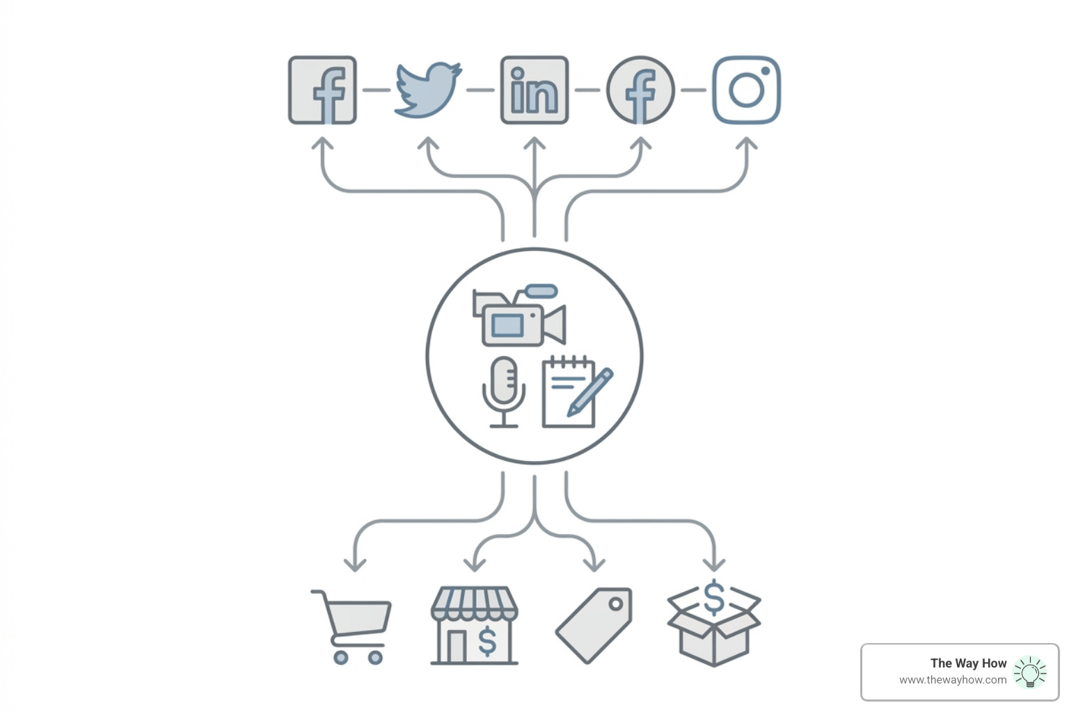 A structured multi-channel distribution framework showing how content flows from creation to social and sales channels