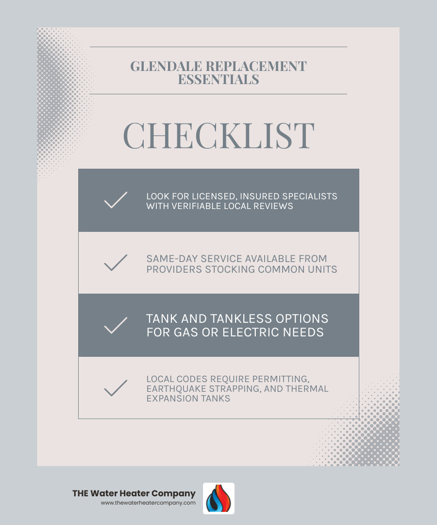 Infographic showing key steps and considerations for water heater replacement in Glendale CA - water heater replacement top Infographic showing key steps and considerations for water heater replacement in Glendale CA - water heater replacement top