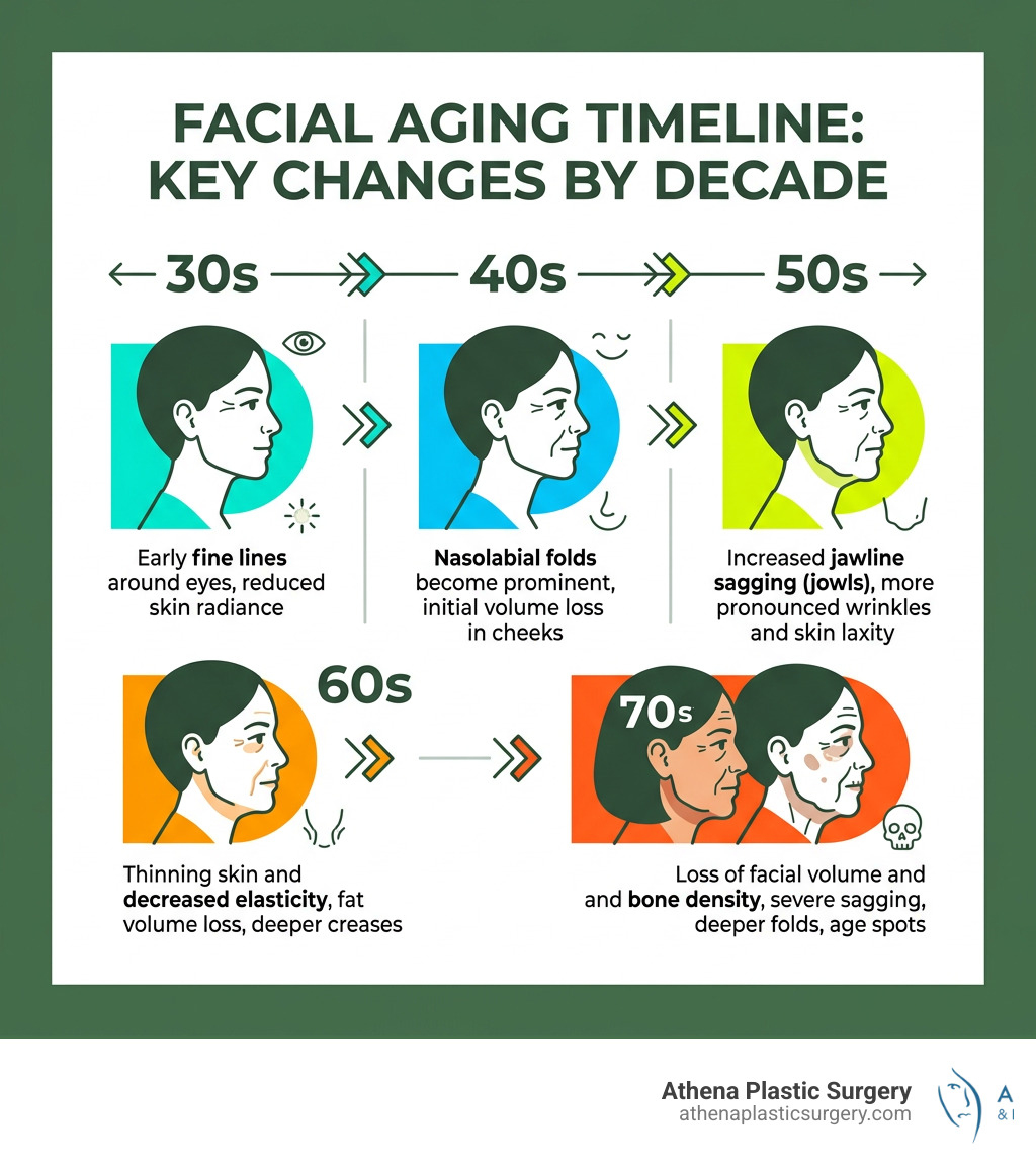 Facial aging timeline infographic from 30s to 70s showing key changes by decade - am i too old for a facelift? infographic Facial aging timeline infographic from 30s to 70s showing key changes by decade - am i too old for a facelift? infographic