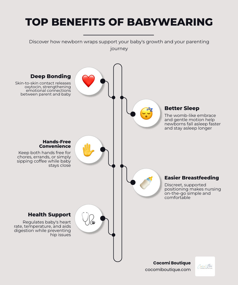 Infographic showing top benefits of babywearing for newborns including bonding, sleep support, and hands-free convenience