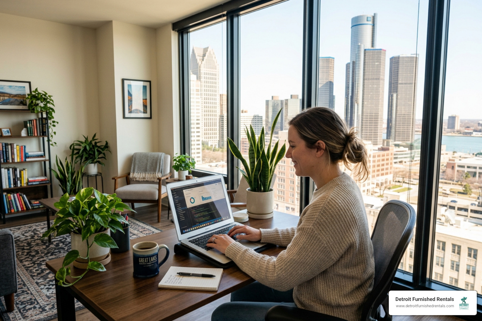 A digital nomad working on a laptop in a bright, modern Detroit apartment with a dedicated workspace - month to month A digital nomad working on a laptop in a bright, modern Detroit apartment with a dedicated workspace - month to month