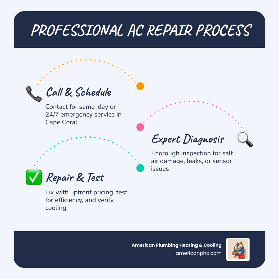 Infographic showing the professional AC repair process in Cape Coral FL from call to completion - ac repair in cape coral
