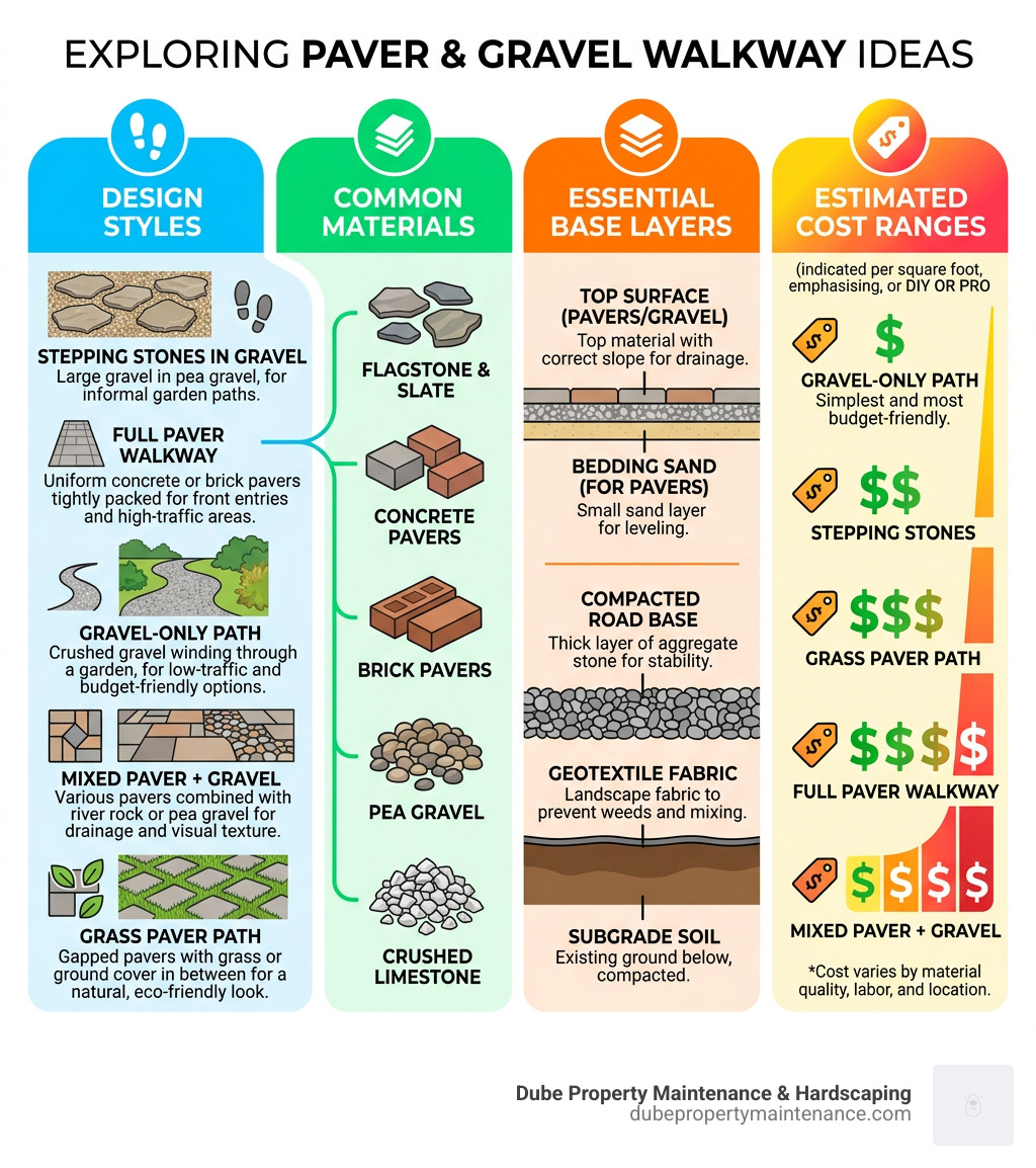 Infographic showing paver and gravel walkway design styles, materials, base layers, and cost ranges - paver and gravel